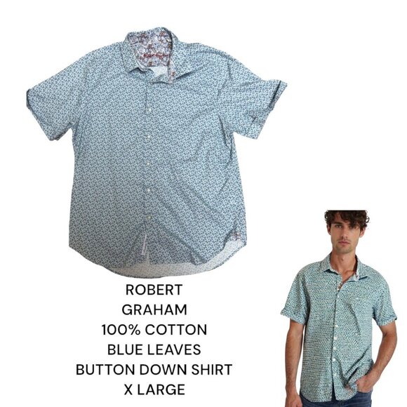 ROBERT GRAHAM BLUE FOLIAGE/LEAVES SHORT SLEEVE BUTTON DOWN 100% COTTON SHIRT‎ XL - Picture 1 of 5